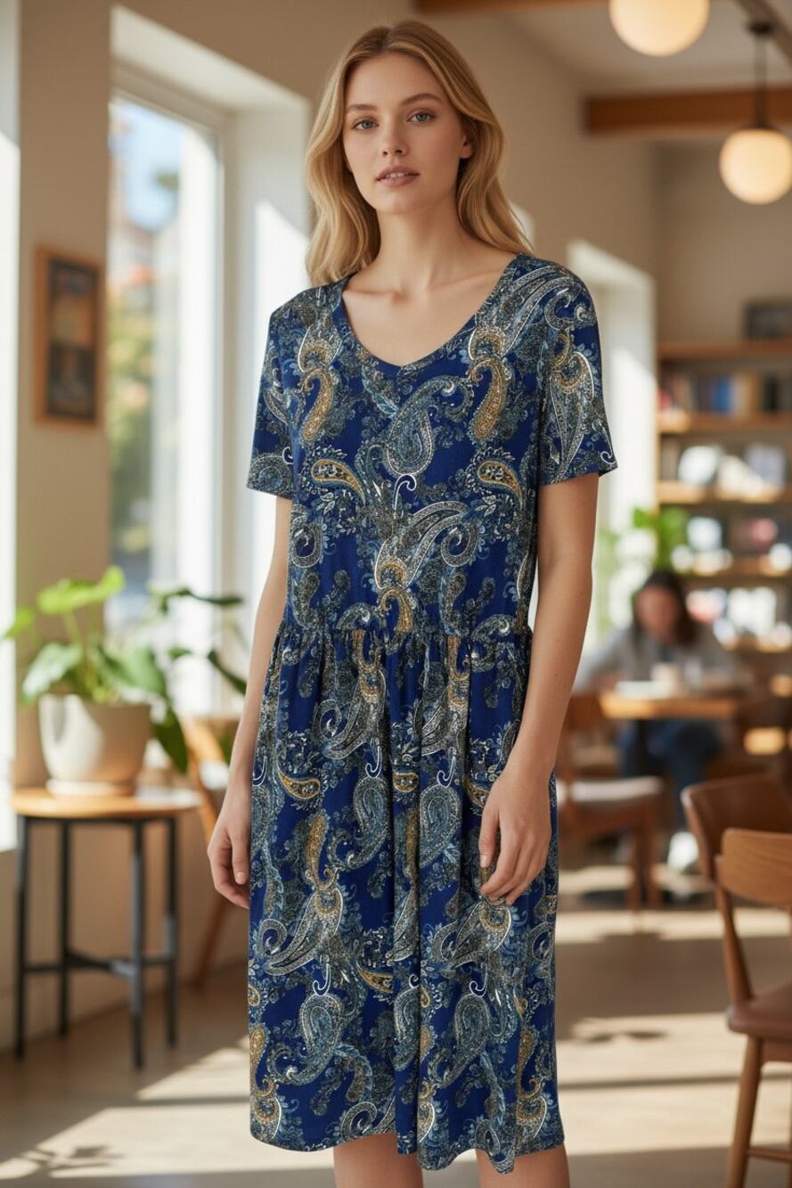 Boutique Midi Dress Size L Stretch Black Paisley Pockets